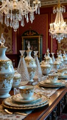 Obraz premium Opulent dining room with elegant china and crystal chandeliers in a luxurious setting
