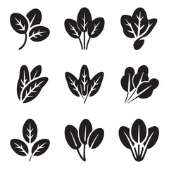 Spinach Icon Set for Salad. Black and White Spinach Leaf Icons Set for Food Design
