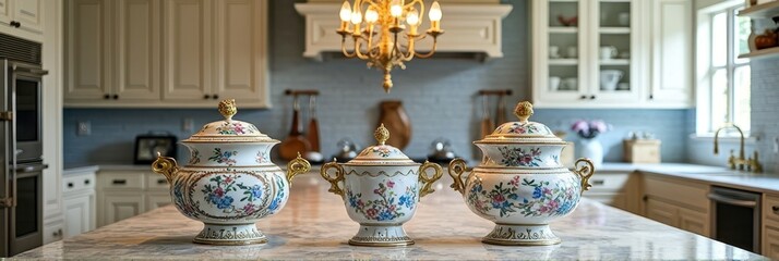 Elegantly decorated porcelain jars on marble kitchen island with chandelier lighting