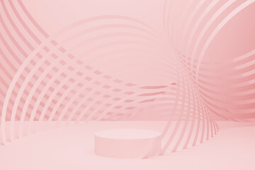 Captivating look geometric pastel pink stage of swirl of parallel lines, round podium, mockup. 3D rendering. Chic sophisticated scene for presentation product, showing cosmetic, displaying goods.