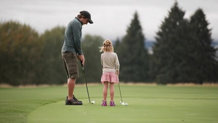 Father and Daughter Bonding on Golf Course, Teaching Skills and Enjoying Outdoor Activity Together