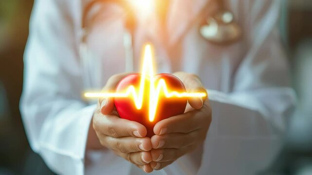 female hands of a doctor in a white coat holding a red heart against the background of the hospital