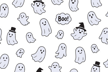 Seamless pattern of cute ghosts. Collection of cute flying spirits. Halloween symbol. Boo. Vector illustration for your design. Vector 