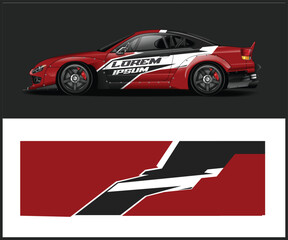 Red and Black Sports Car with Racing Stripes Graphic Design Template