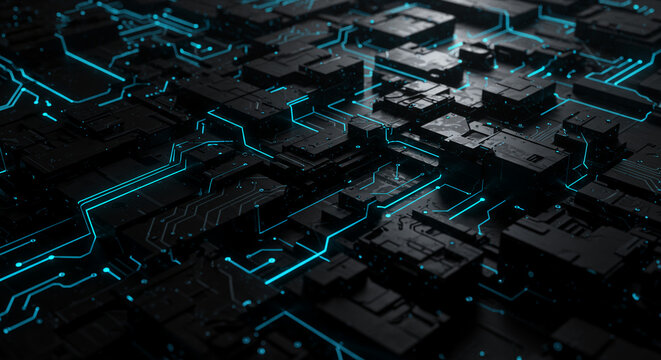Abstract 3D rendering of a complex circuit board, showcasing intricate pathways of glowing blue lines across a dark, textured surface.