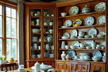 Elegant wooden dining room displaying vintage porcelain china collection