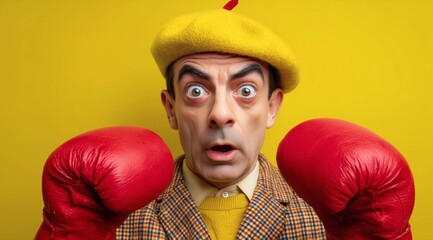 Funny man in boxing gloves, Comic surprise expression, Humor character for parody or entertainment visuals