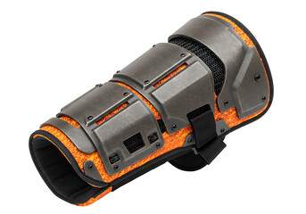 Fototapeta premium Metal mesh forearm guard with lavalike orange padding secured by a black strap set against a black backdrop