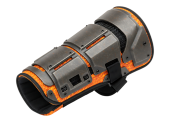 Metal  mesh forearm guard with lavalike orange padding secured by a black strap set against a black backdrop