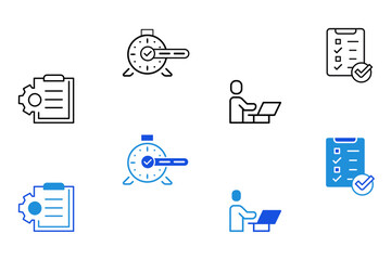 Task line and flat icon set. Checklist, poll, multitasking, decision, voting, checkmark, planning, schedule, goal, collaboration icons. Editable vector illustration