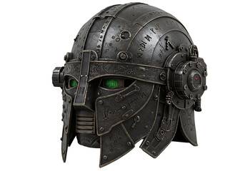 Fototapeta premium Metal helmet with green eyes runes and intricate mechanical details against a black backdrop