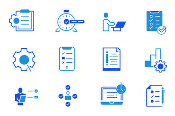 Task solid flat icon set. Checklist, poll, multitasking, decision, voting, checkmark, planning, schedule, goal, collaboration icons. Editable vector illustration