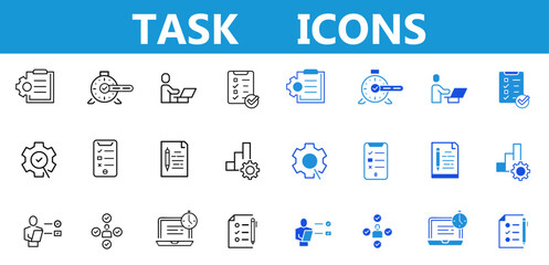 Task line and flat icon set. Checklist, poll, multitasking, decision, voting, checkmark, planning, schedule, goal, collaboration icons. Editable vector illustration