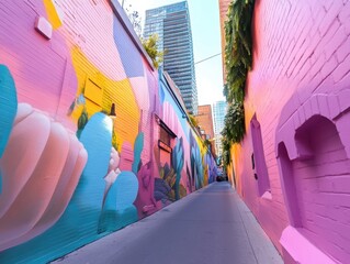 Vibrant street mural brightens an urban alley with colorful artwork and a lively atmosphere in the heart of the city