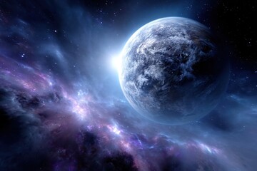 Obraz premium Cosmic view of a distant planet surrounded by vibrant nebulae in space