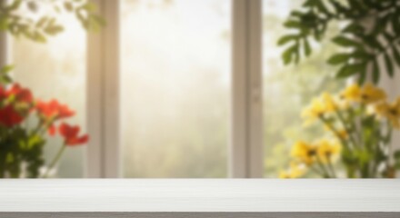 A sunlit indoor scene with a table and window