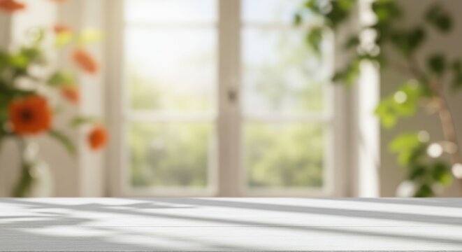 A sunlit indoor scene with a table and window