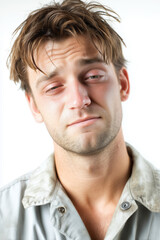 Young Adult Man Tired Exhausted Sick Face Portrait White Background Droopy Eyes Dark Circles