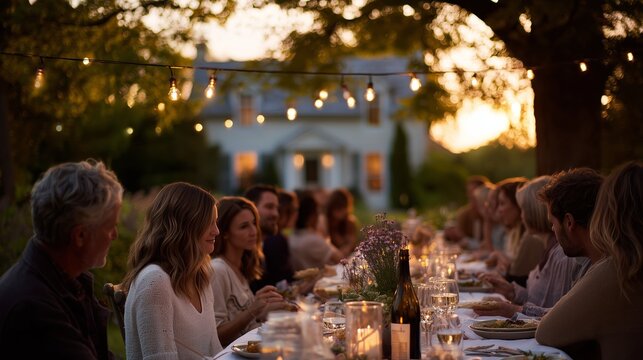Outdoor evening dinner gathering with friends and family under string lights at a cozy location during sunset