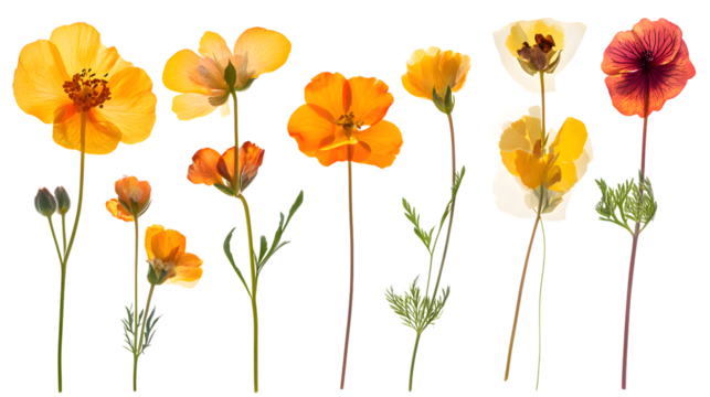 Collection of Pressed California Poppies, Botanical Illustration, Orange Yellow Flowers isolated on transparent background