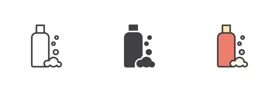 Shampoo bottle icon set in line, solid and filled outline style