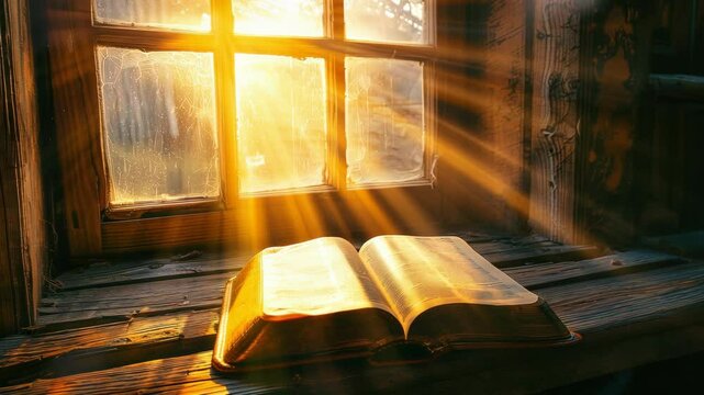 an open book of the Bible on which the sun's rays fall from the church window