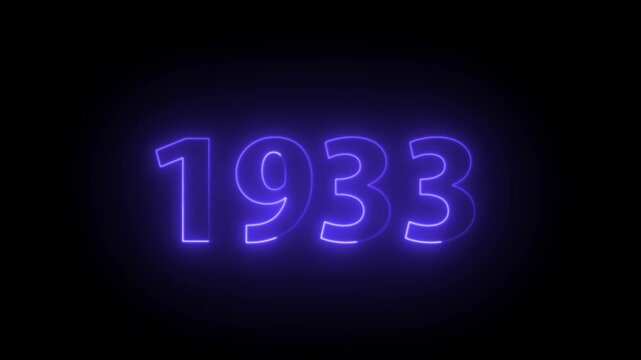 1933 Neon Text Animation. Glowing Countdown Number 1933. Animated Luminous Important 1933 Year. Transparent BG Dynamic Colorful Loop.