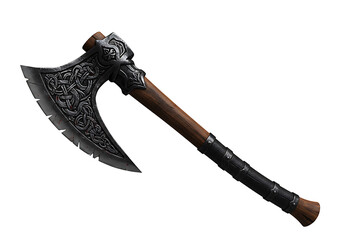 Ornate battle axe with patterned blade and leatherwrapped handle presented against a black backdrop