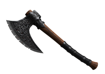 Ornate battle axe with patterned blade and leatherwrapped handle presented against a black backdrop