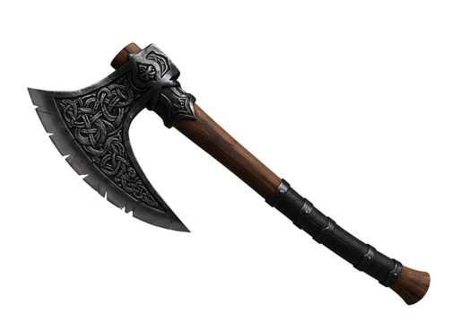 Ornate battle axe with patterned blade and leatherwrapped handle presented against a black backdrop