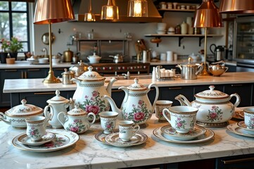 Fototapeta premium Elegant floral porcelain tea set in modern kitchen with copper accents