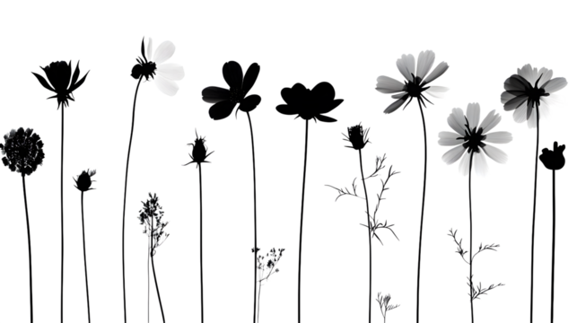 Elegant Monochrome Floral Arrangement Cosmos and Wildflowers on isolated on transparent background