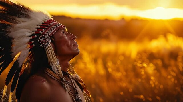 Portrait of an Apache warrior wearing a traditional headdress and feathers, showing indigenous culture and heritage in a field at sunset.