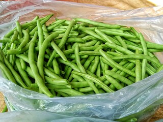 A close up fresh green beans in the market