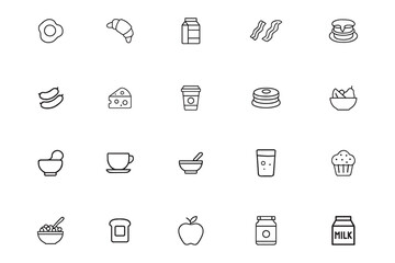 Breakfast food and morning meal line icon set, simple outline symbols for menu, cafe, and brunch