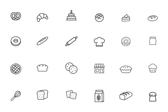 Bakery and baking line icon set, simple outline pastry, bread, and dessert symbols for food menu and website