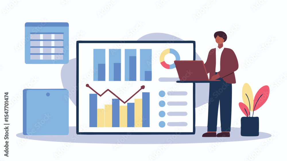 Aufkleber illustration of a person analyzing data on a laptop with charts and graphs displayed nearby