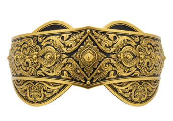 Ornate gold  black belt featuring intricate floraleye designs  central diamond with a prominent dot