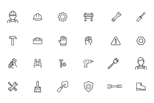 Construction and repair tools line icon set, industry and labor outline symbols