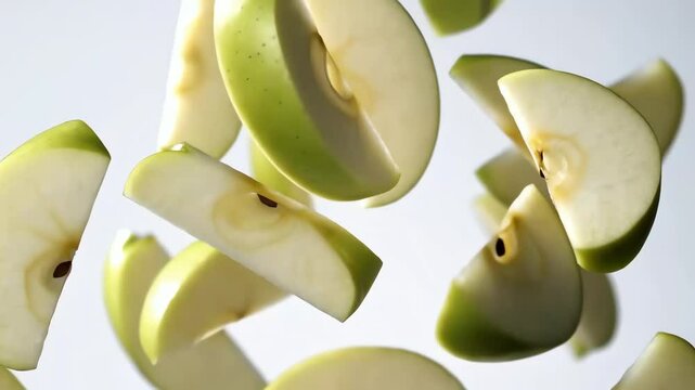 Multiple fresh green apple slices dynamically falling against a clean, bright white background