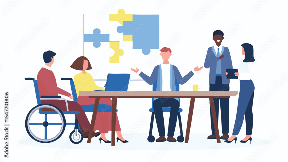 Aufkleber diverse team collaborating on puzzle pieces at a table with a wheelchair user present in the group