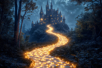 Fototapeta premium Majestic castle illuminated by glowing pathway at night under a starry sky
