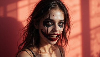 Woman with Halloween Makeup Smiling with Scary Painted Face and Teeth