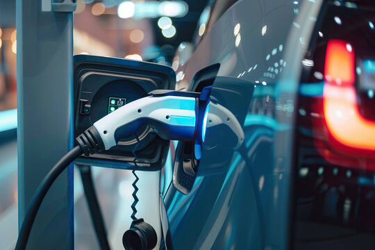 Power source for charging battery of beautiful hybrid electric car on road, abstract vivid composition consists of fictional unreal fantastic vision on background