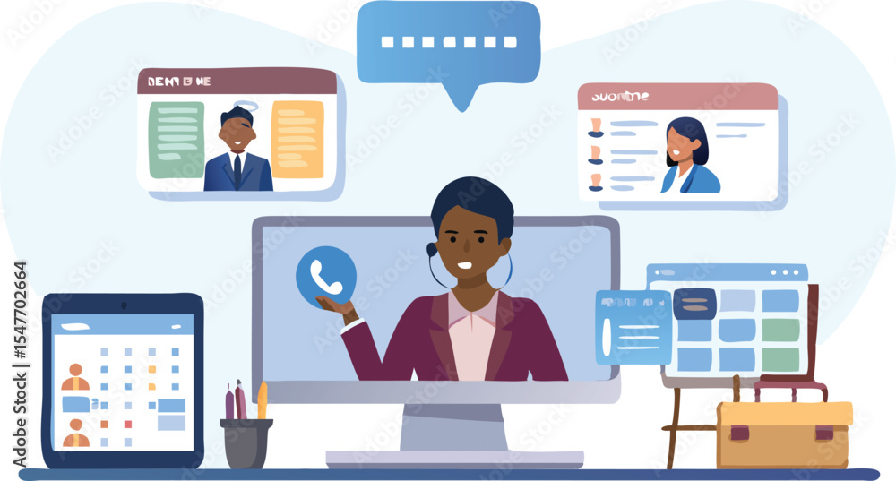 Poster online meeting with diverse participants displayed on various digital interfaces and communication t