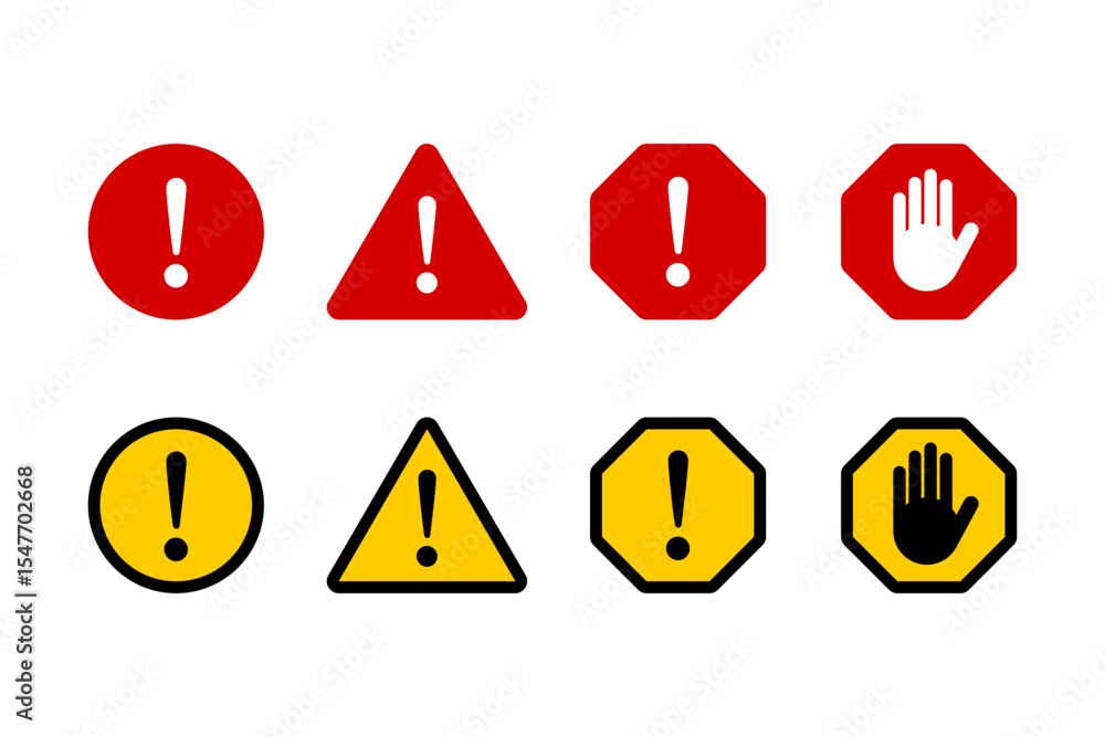 Poster red white black yellow round circle octagonal and triangular warning or attention caution sign with 