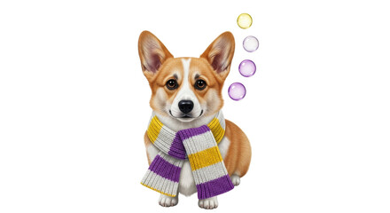 Isolated Adorable Corgi Dog with Scarf and Bubbles
