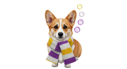 Isolated Adorable Corgi Dog with Scarf and Bubbles