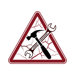Warning Sign with Hammer and Wrench., Construction or Repair Icon in Triangle with Cracked Background, Isolated Vector on White Background