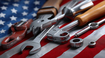 Fototapeta premium Happy Labor Day Celebration with Tools and American Flag - 3D Illustration for Holiday Poster or Banner